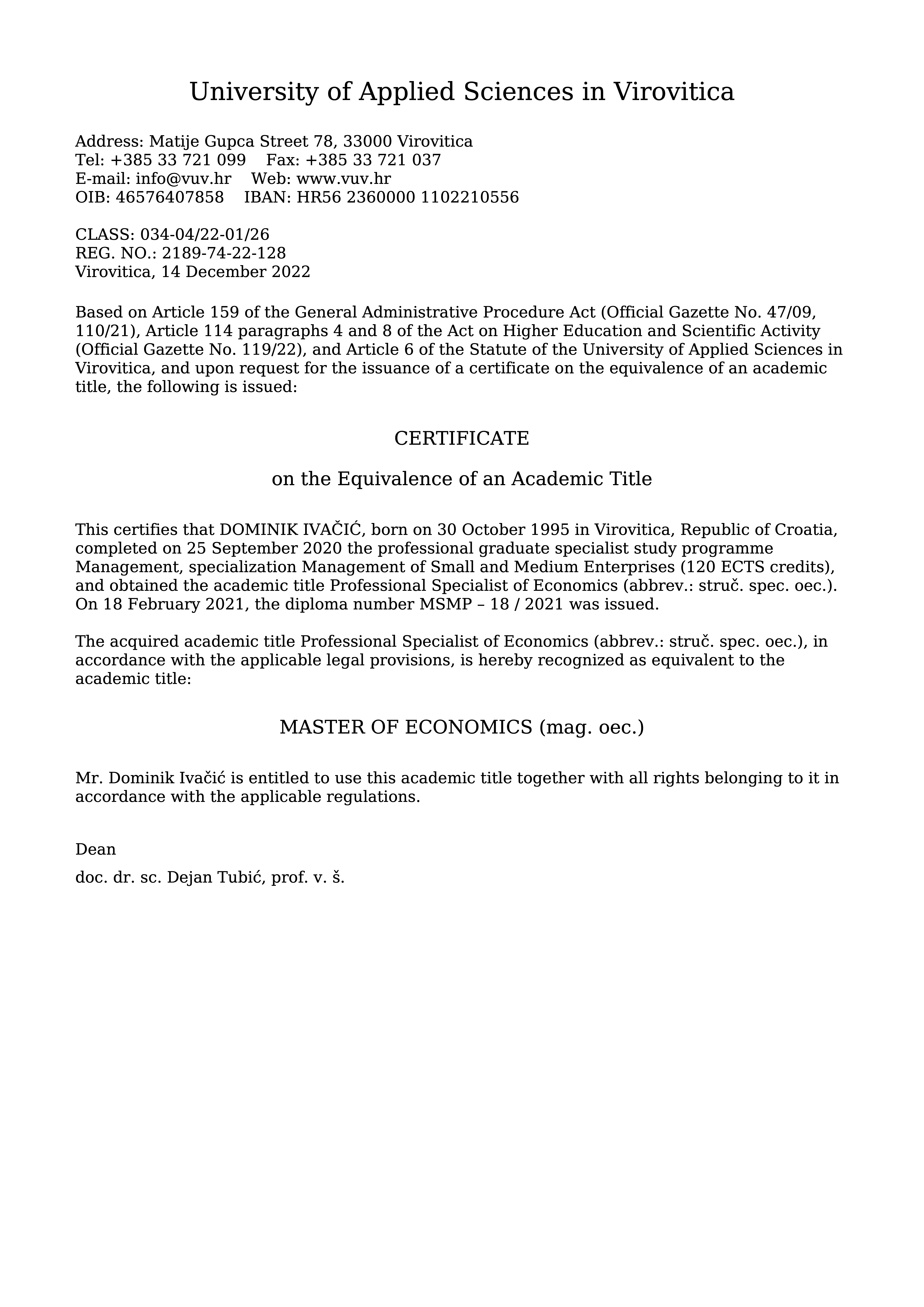 Certificate on the Equivalence of an Academic Title – Master of Economics