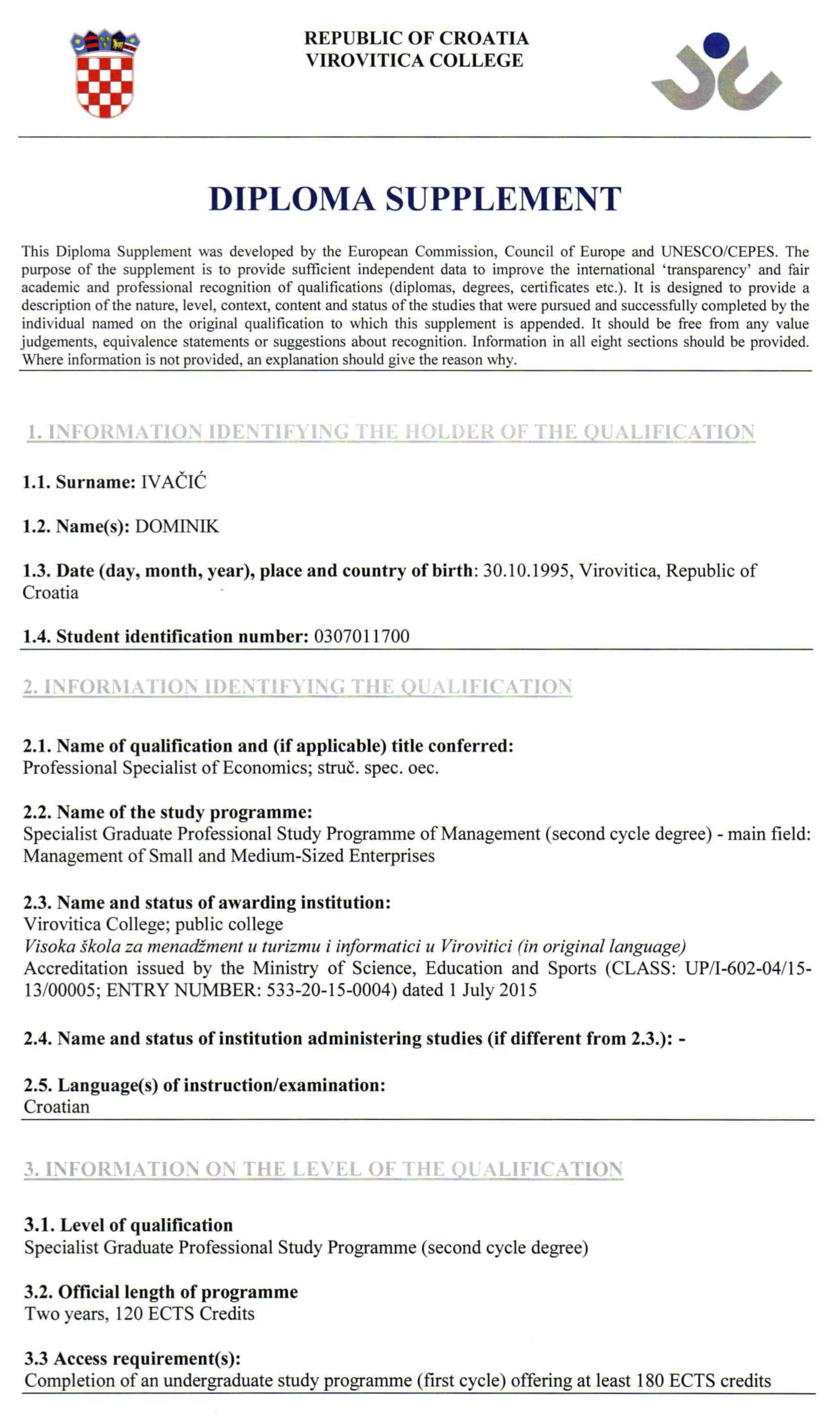 Professional Specialist of Economics - Main Field: Management of Small and Medium-sized Enterprises