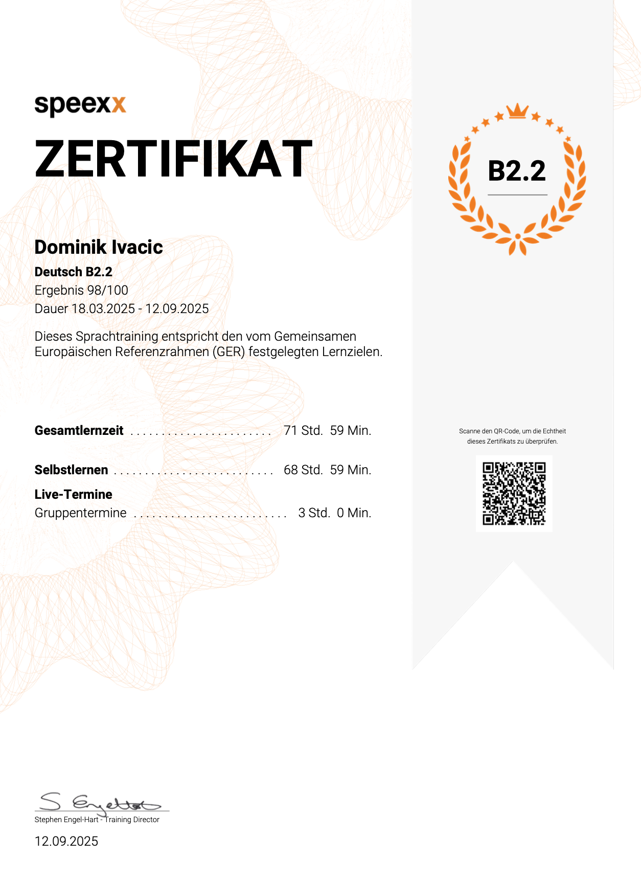 Speex German Language Certification – B2.2 (CEFR)